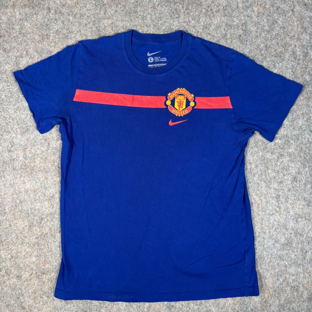 Nike Manchester United T-Shirt‎ Mens L Blue Slim Fit Graphic Tee Distressed READ